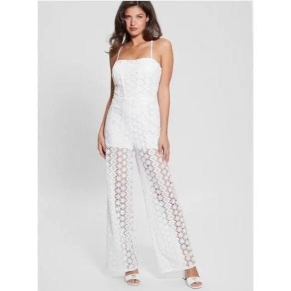 Guess Pants - Guess Elle Lace Open Tie Back Jumpsuit White Large NEW